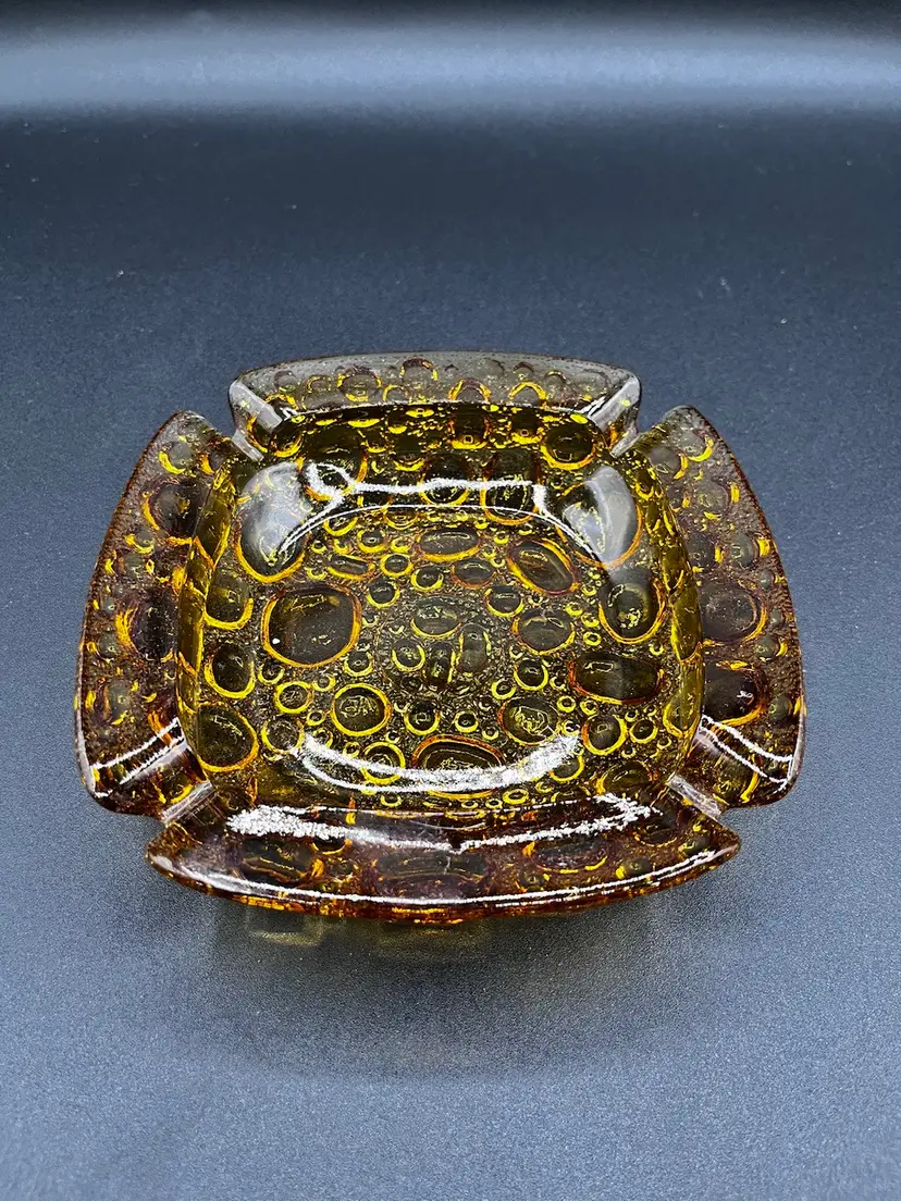 Large Blenko 1950s Amber Bubble Pebble Glass Ashtray Catch All Dish MCM 6”