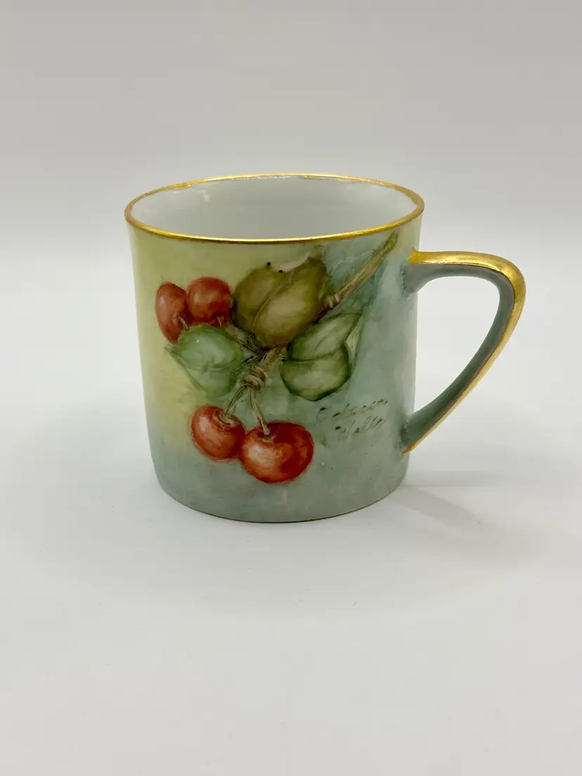 Vintage 1974 Hand-Painted Fruit Motif Porcelain Mug, Gold Trim, Collectible Kitchenware, Unbranded, Signed By Odessa Wells, Number #65 On The Bottom