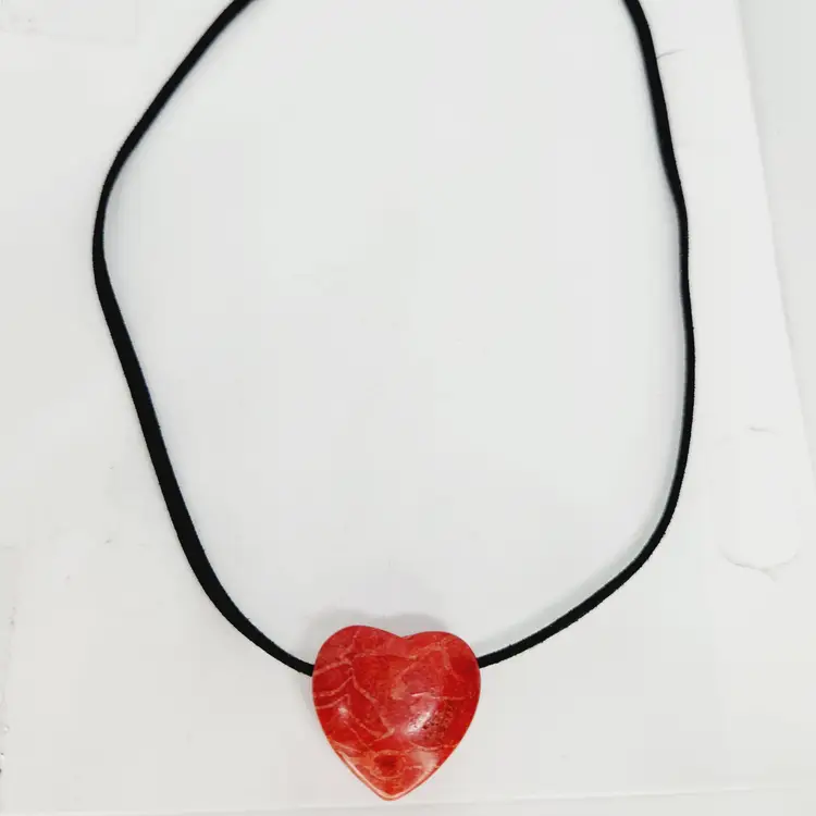 Vintage Red Sponge Coral Chunky Heart Pendant Necklace On Cord