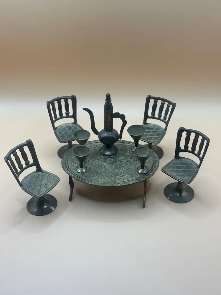 Vintage Brass Miniature Doll House Dining Room Set: Table,Chairs,Cups,Coffee Pot