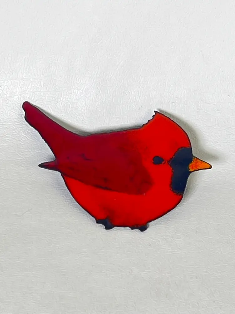 Handmade Enamel On Copper Cardinal Bird Pin Metal Brooch
