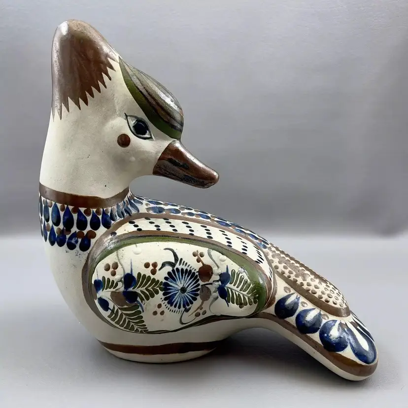 Tonala Pottery Large Duck Bird Signed JO Santana Mexican Pottery Vintage Figurine 9.5"X10" Folk Art Hand Painted