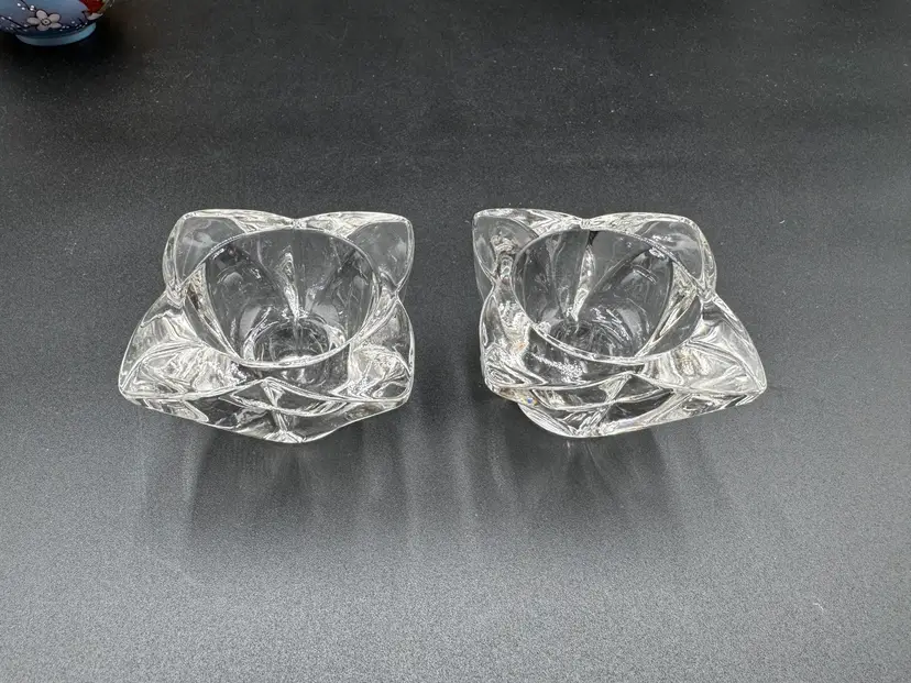 Pair Of Lead Crystal Star Shaped Votive & Tapered Candleholders