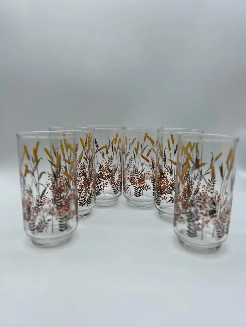 Vintage Libby Glasses Set of 6 Cattails Tumblers Orange Gold and Brown