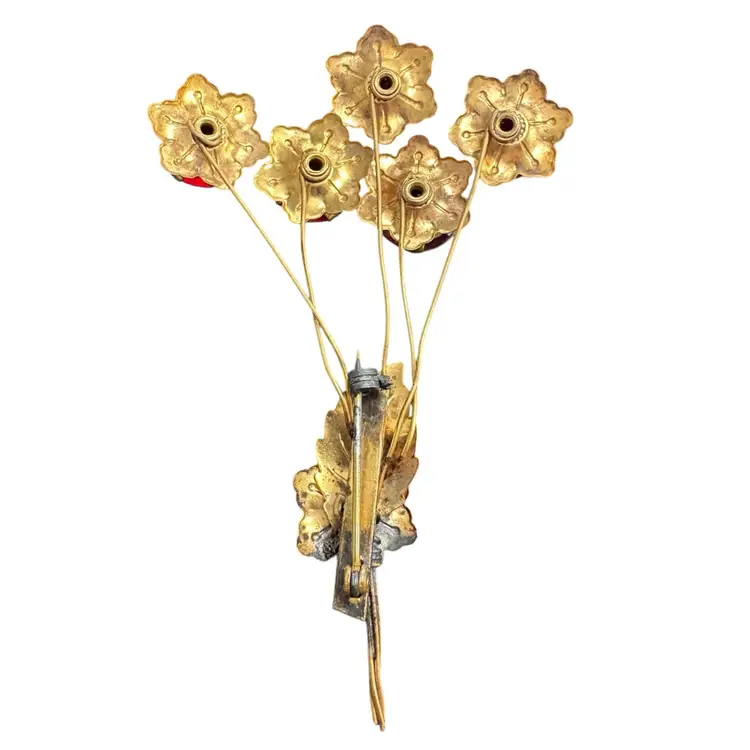 Vintage Red Faceted Rhinestone Floral Brooch