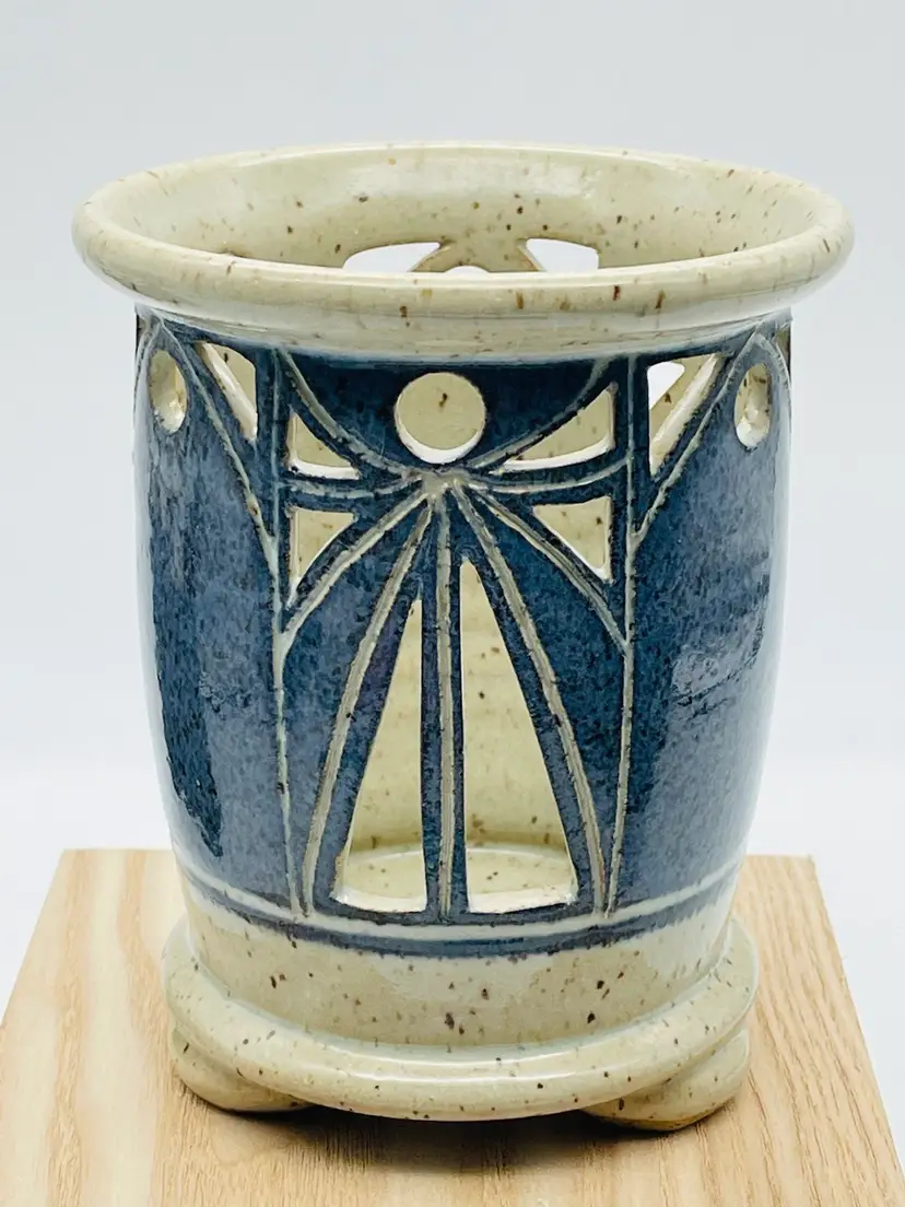 Studio Pottery Angel Blue/Cream Flecked Candle Holder