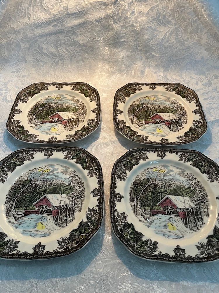 Johnson Bros The Friendly Village 4 Salad Plates Covered Bridge England, 7.75"
