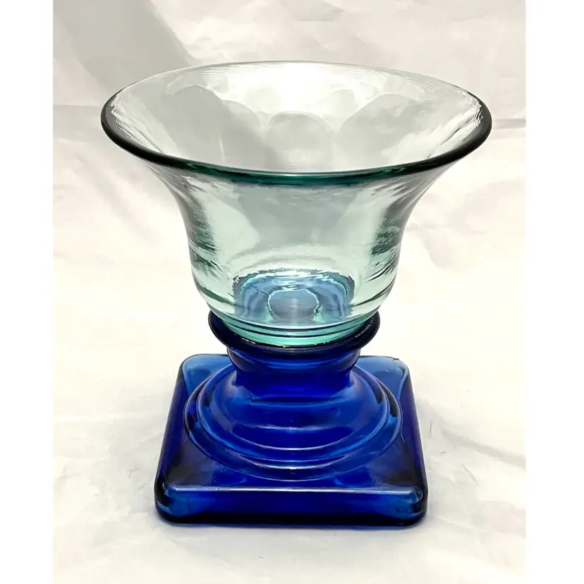Vidrios San Miguel Recycled Glass Cobalt Blue Pedestal Candle Holder Spain , EUC