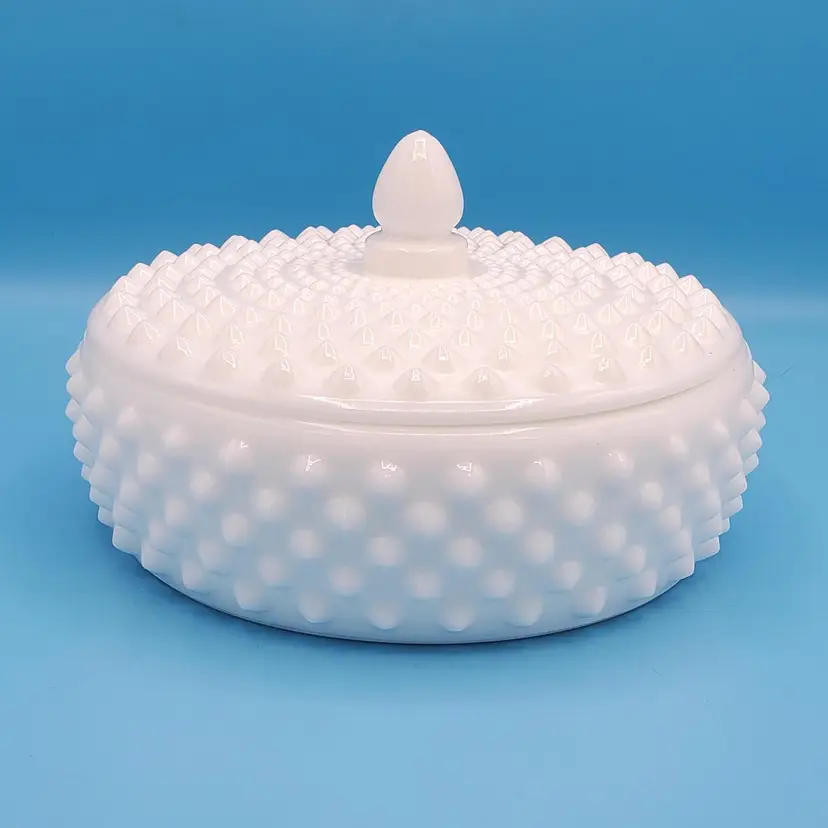Vintage Fenton Covered Hobnail Milk Glass Candy Dish