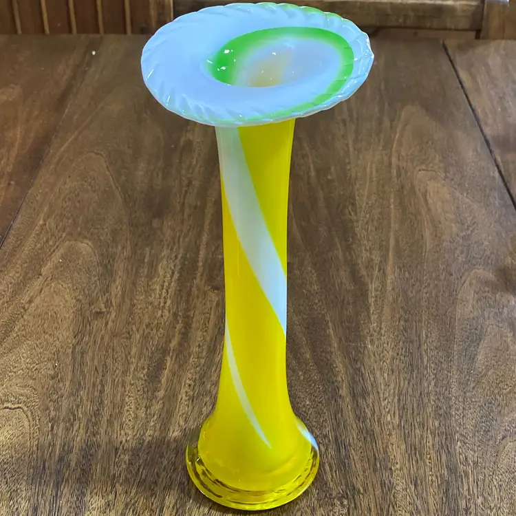 10.5” Art Glass Vase Yellow And White