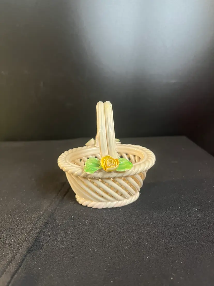 Miniature Porcelain or Possibly Pottery Lattice Basket w/ 3D Yellow & Deep Pink Roses w/ Green Leaves on Each Side on Base of Handle