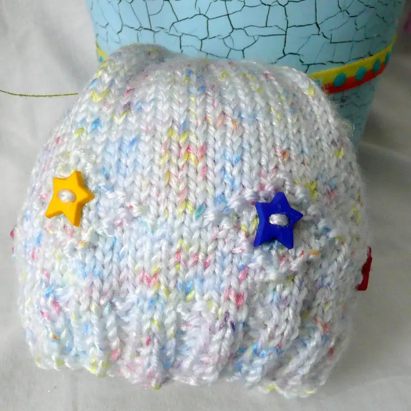 Hand Knit Pastel Blue Yellow Pinks 3 Star Button Accents Preemie Newborn Hospital Hat Beanie 12"