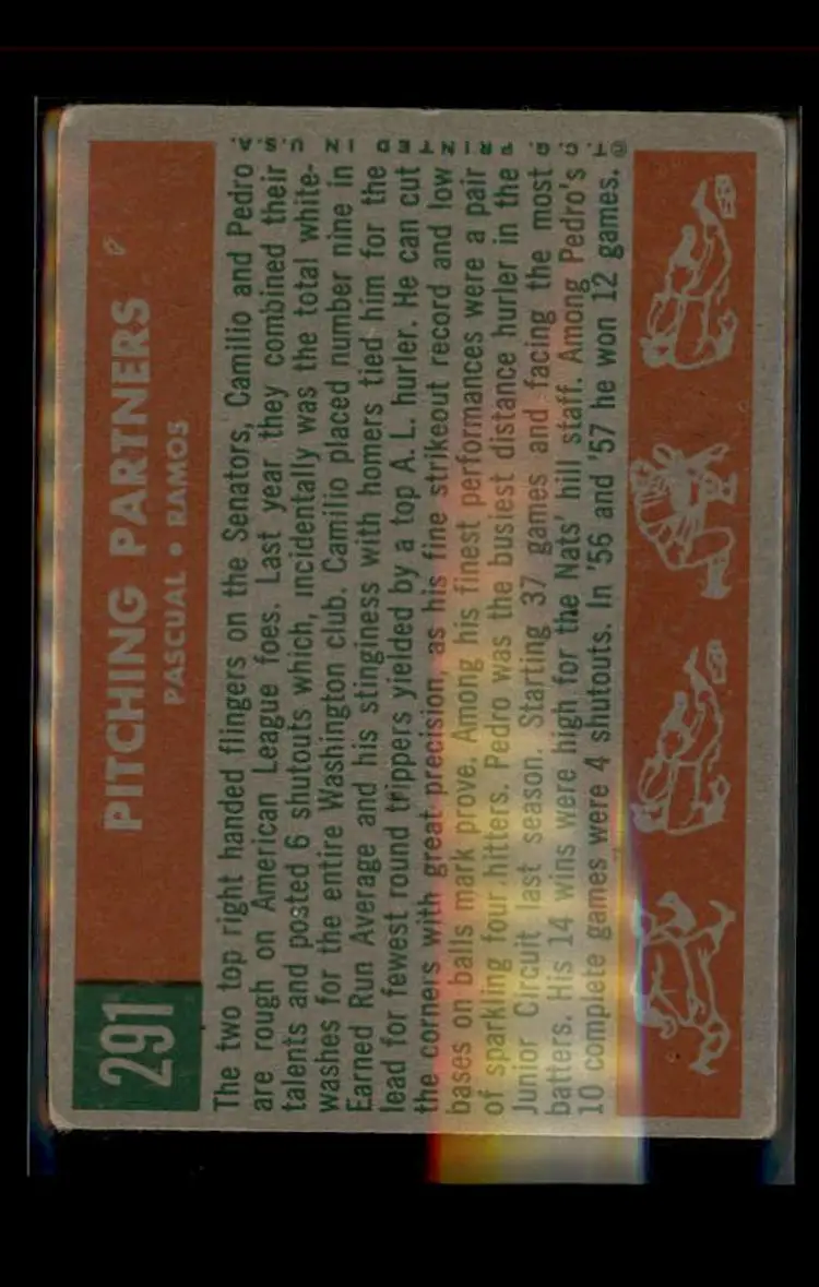 1959 Topps #291 Pitching Partners (Pedro Ramos / Camilo Pascual) - (pk4) - Washington Senators