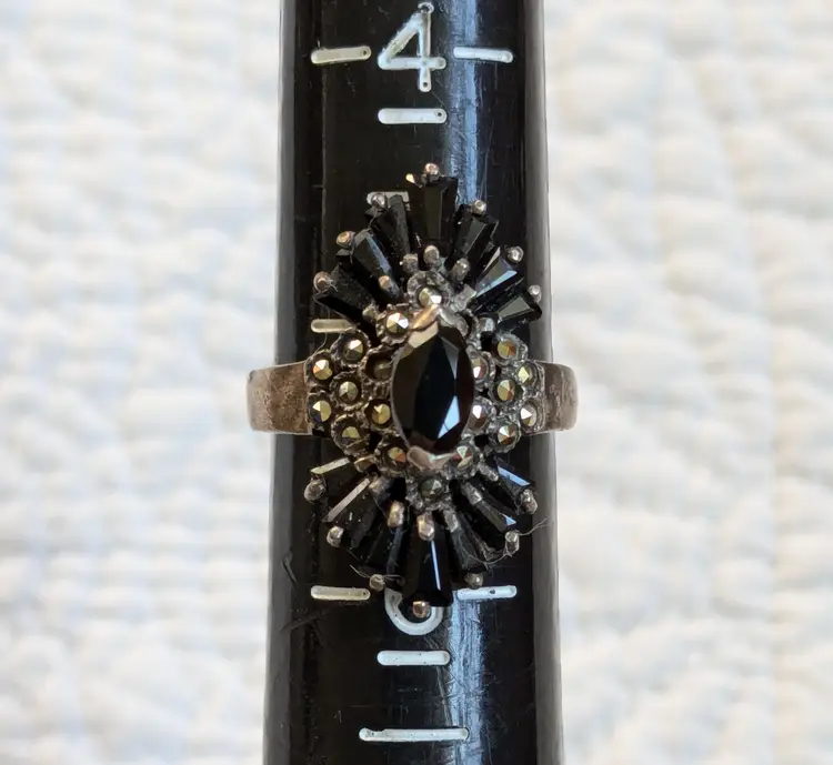 Vintage Art Deco Style Sterling Silver Ring with Black Stones and Marcasite, Size 5.5