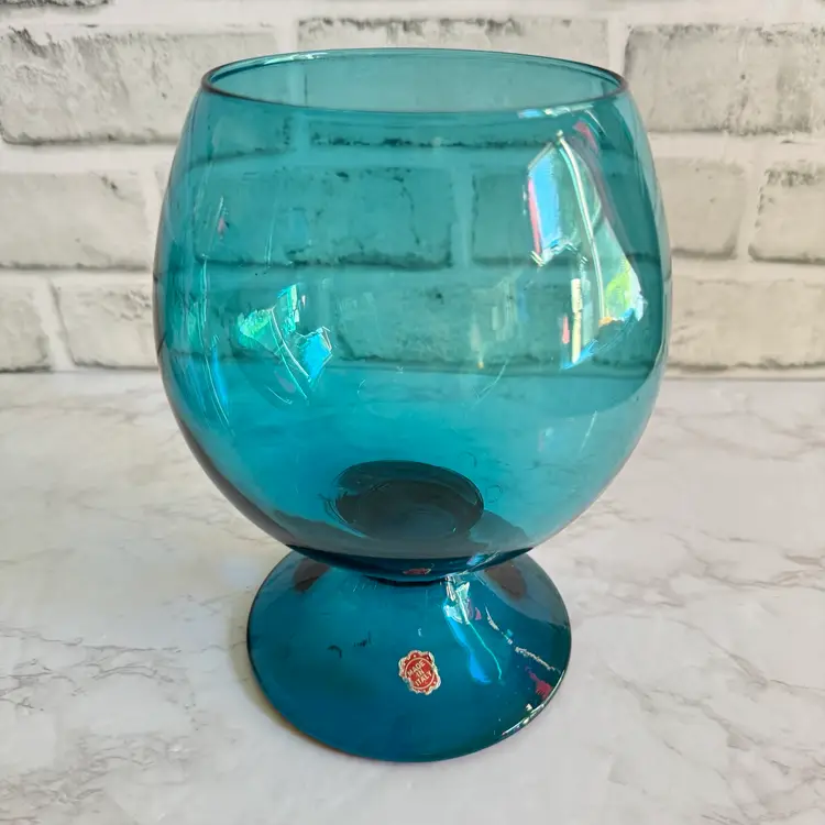 Vintage Italian Glass Vase Teal Blue Bubble Bowl Shape Made in Italy