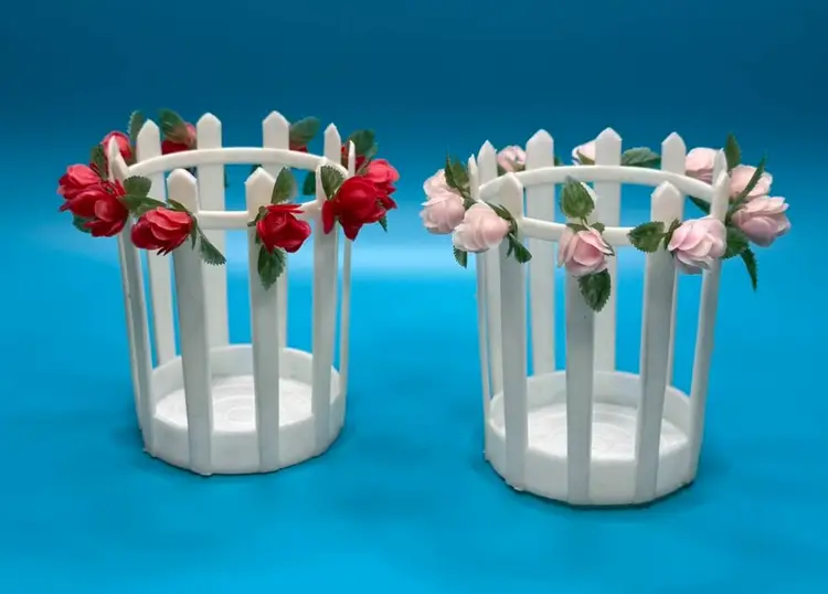 VTG Lot of 2 Styson Plastic Rose & Picket Fence Glass Holder Tall Coaster MCM