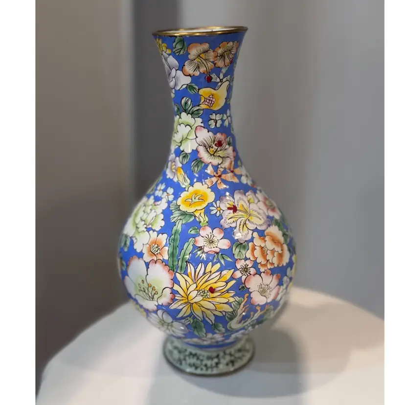 Floral Enamel On Copper Vase