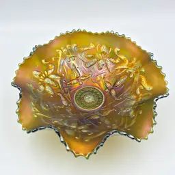 Northwood Wishbone Footed Ruffled Bowl with Exterior Pattern of Ruffles & Rings on Green Glass