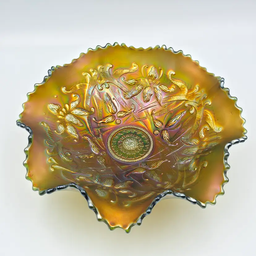 Northwood Wishbone Footed Ruffled Bowl with Exterior Pattern of Ruffles & Rings on Green Glass