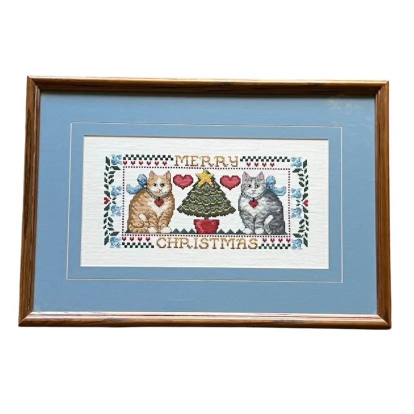 Vintage Large Matted And Framed Cross Stitch Christmas Cats 19x13