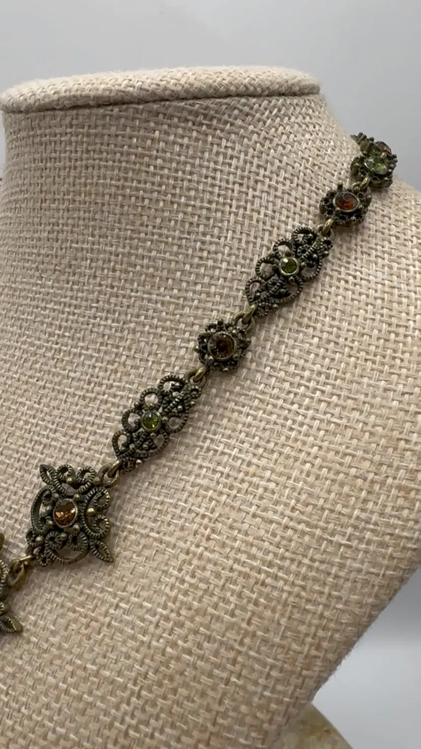 Vintage Signed VCLM Victorian Collection Lee Mode Chandelier Bib Necklace & Earring Set, Olive Green Crystal & Antiqued Brass Filigree, 1990s Nordstrom