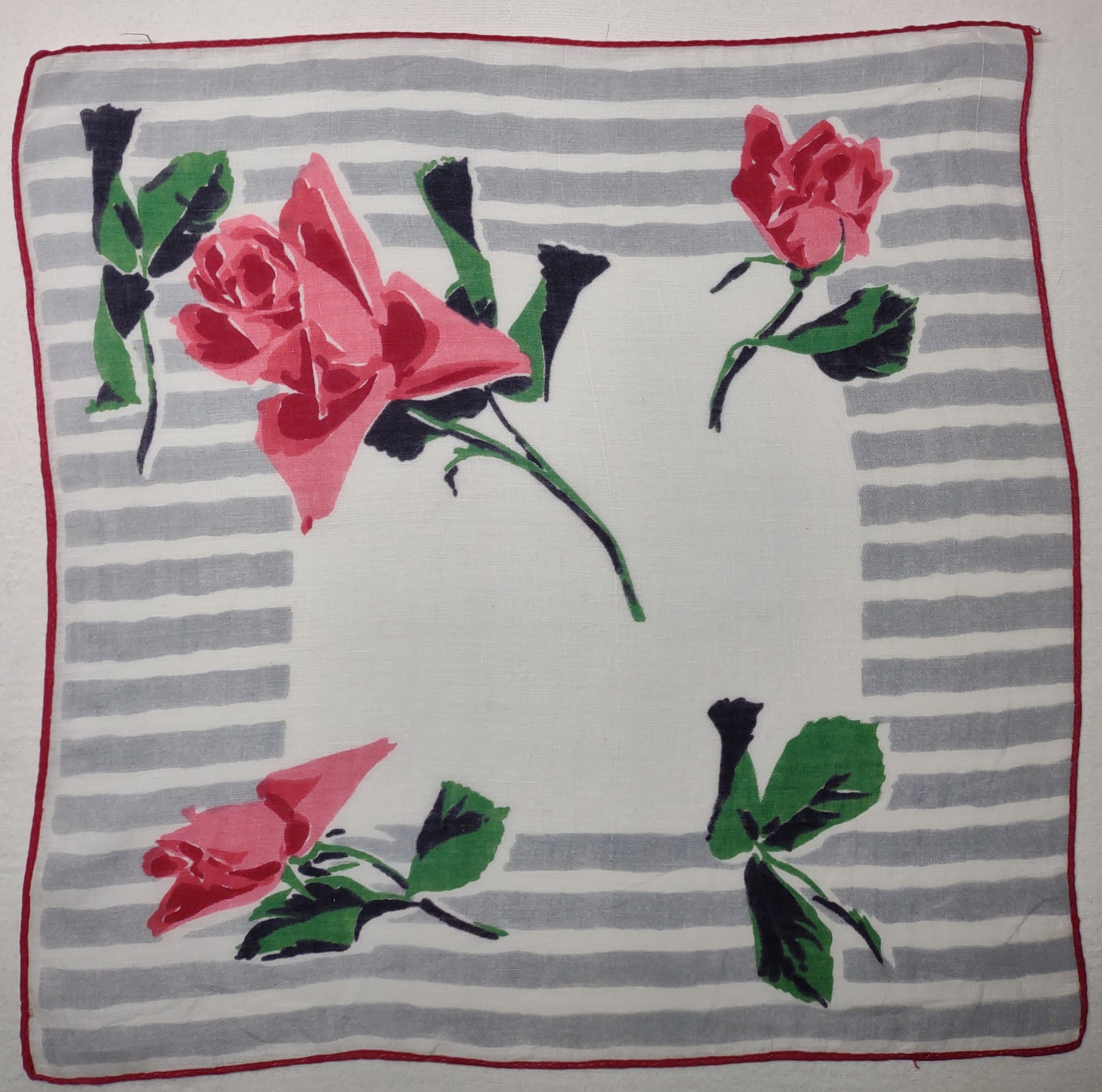 Niknax · Vtg Hankie 13x13.25 pink & red roses grey stripe