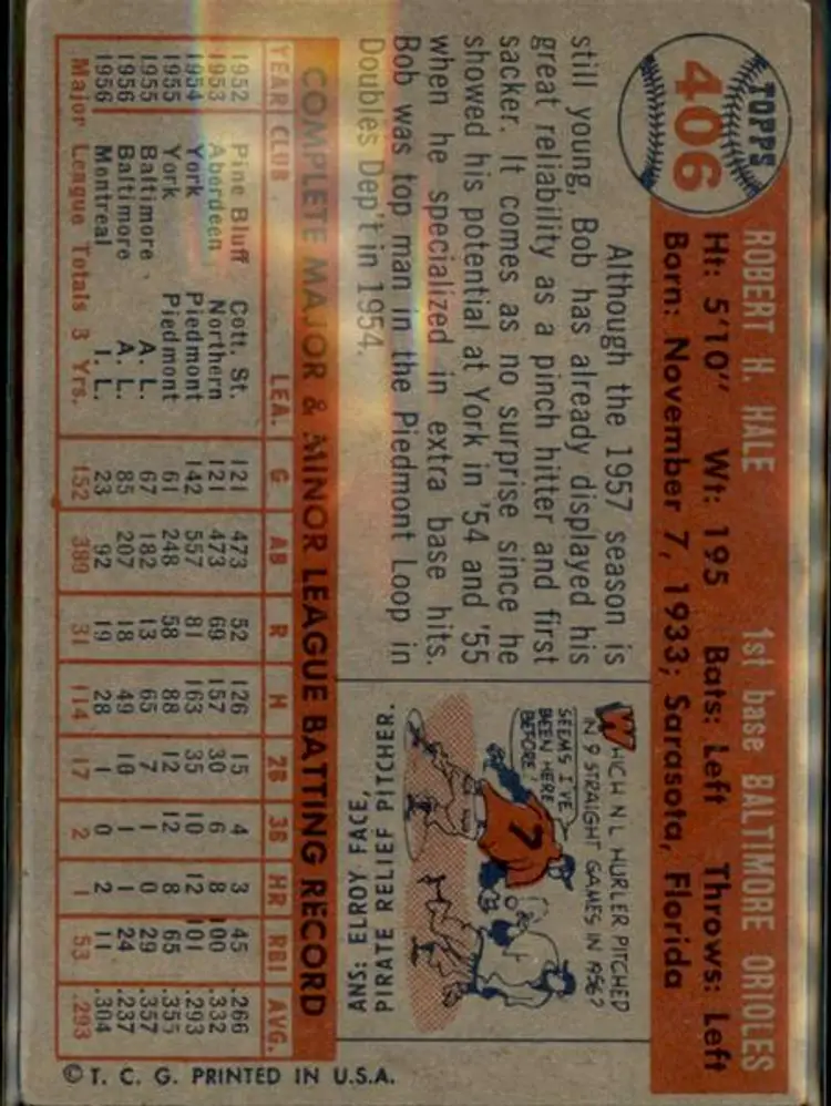 1957 Topps #406 Bob Hale - ( pk1 ) - Baltimore Orioles