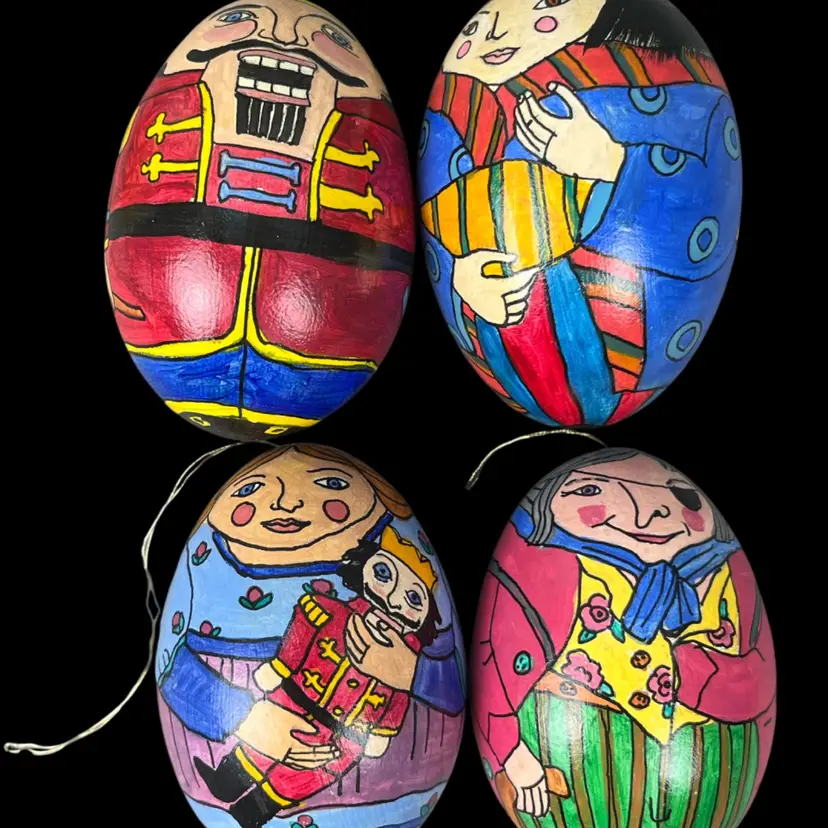 The Nutcracker Ballet 4 Hand Painted Egg Ornaments - Artist Made Vintage Christmas