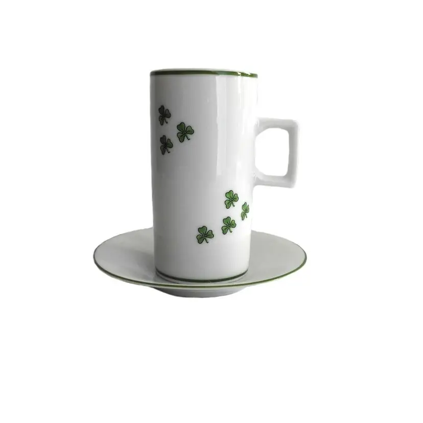 80s Japanese Narrow Ceramic Mugs Cups With Saucer Clover Design Japan