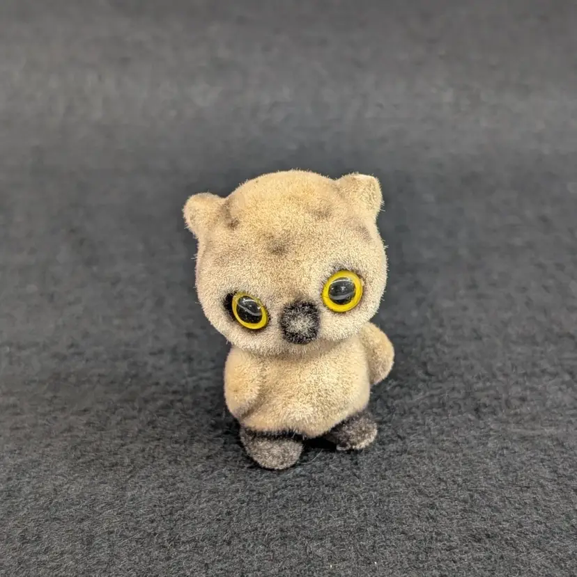 Vintage Josef Originals Flocked Fuzzy Owl Figurine Miniature Yellow Eyes 1-5/8”