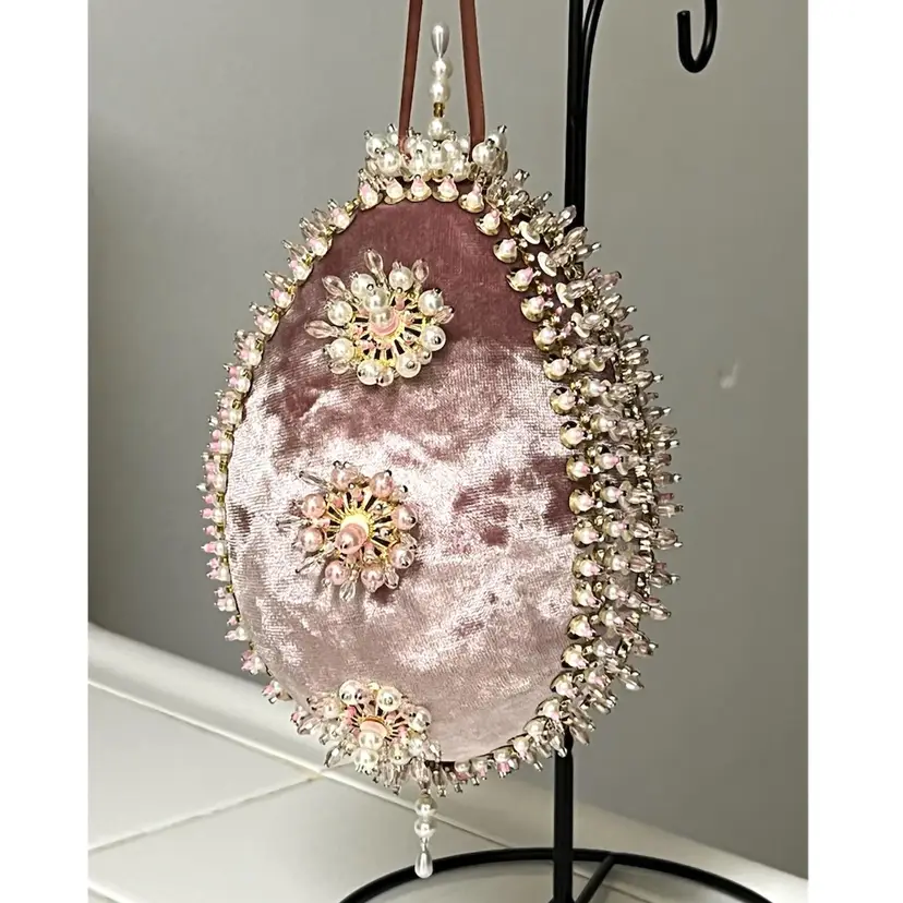 Handmade Vintage Style Push Pin Easter Egg Ornament Pearls Beads Sequins 6 in Height