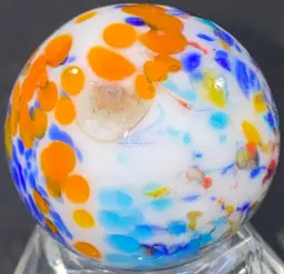1 1/8" Signed orange blue white speckled Marble UV Glow Front And Back Photos