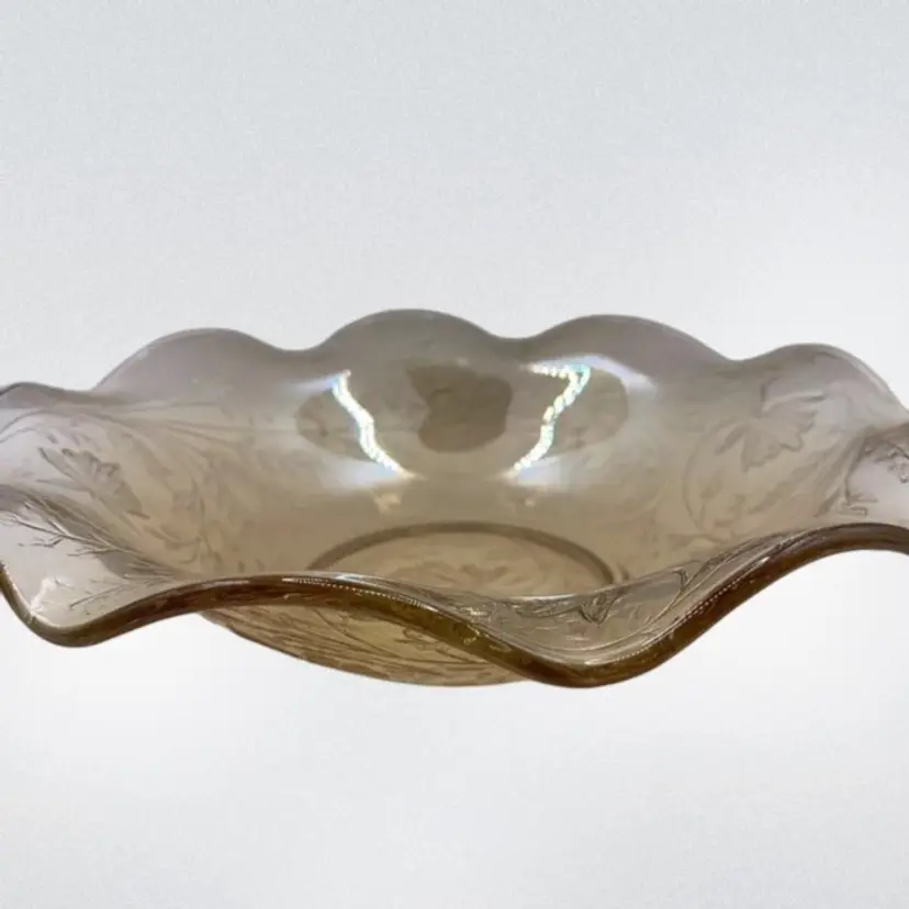 Vintage Jeanette Carnival Marigold Glass Ruffled Bowl Louisa Pattern Floral 9.5β