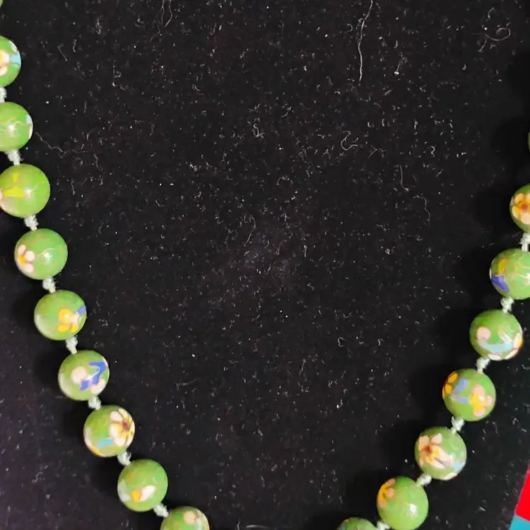 Vintage, 1950's, 24 inch, Green Cloisonne Beaded Necklace, with white florals, Hand Knotted, Gold toned clasp.