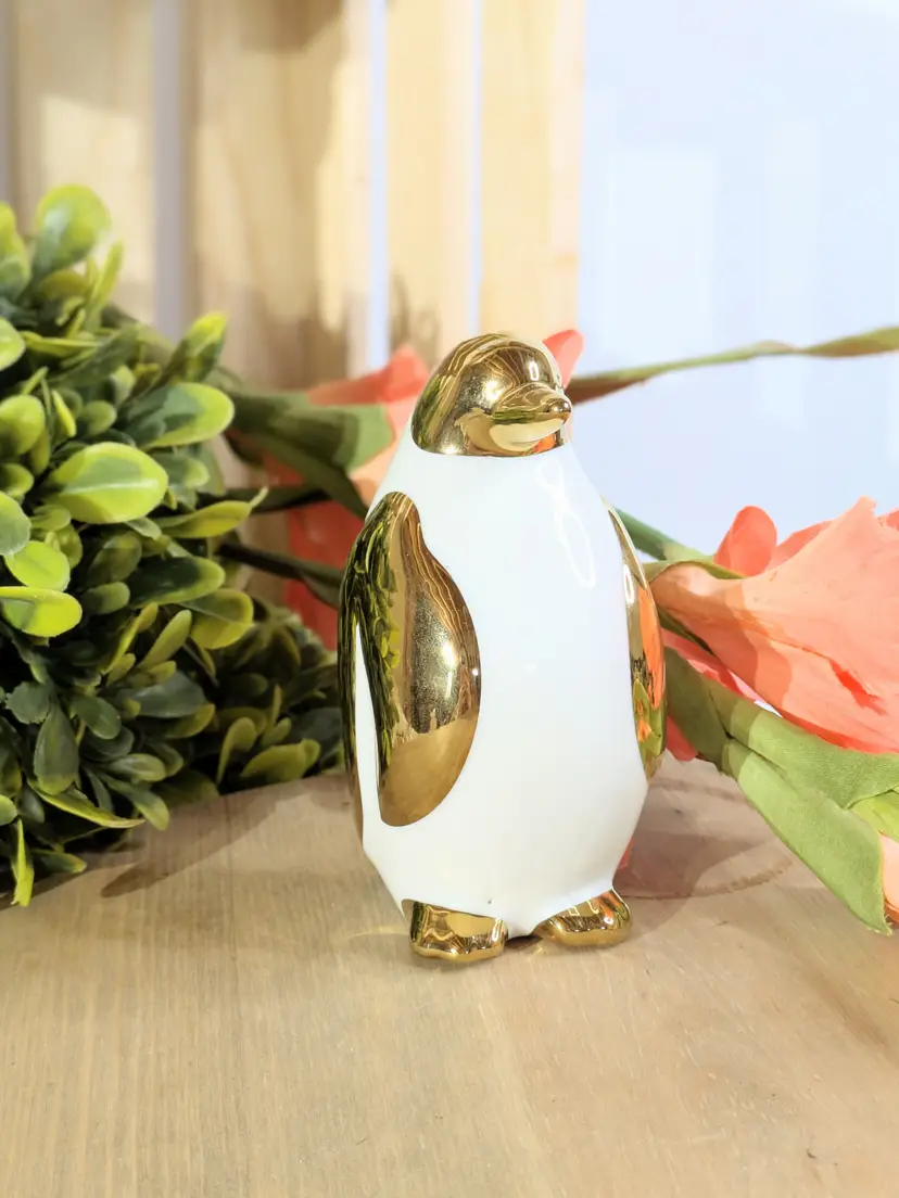 Gold And White Ceramic Penguin Figurine