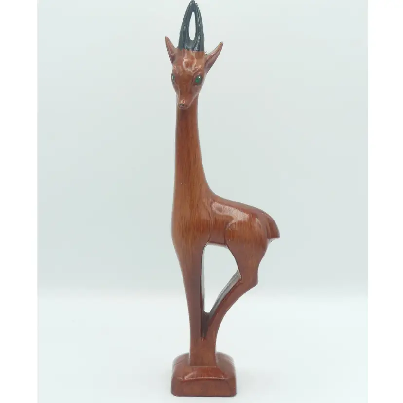 Vintage Mid Century Modern Hand Carved Teak Wood GAZELLE Sculpture Figurine With Green Eyes