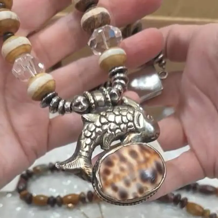 925 Tibetan Fish and Shell Dzi Beads Beaded Necklace