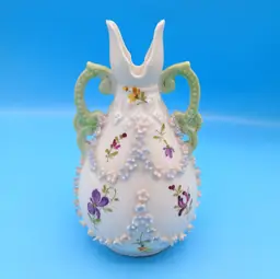 Victorian Hand-Painted Porcelain Bud Vase With Applied Flowers & Handles