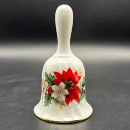 Vintage Glazed Porcelain Poinsettia Christmas Bell 4.75”