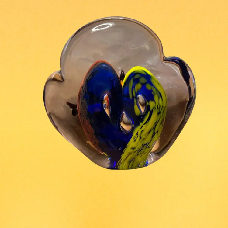 22. Paperweight Clear with Fish Art Glass Bubbles Scalloped 3-1/2” Tall