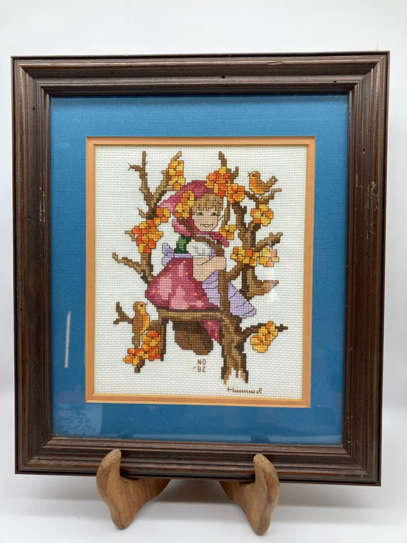 Vtg Framed Hummel Needlepoint
 Girl in Apple Tree