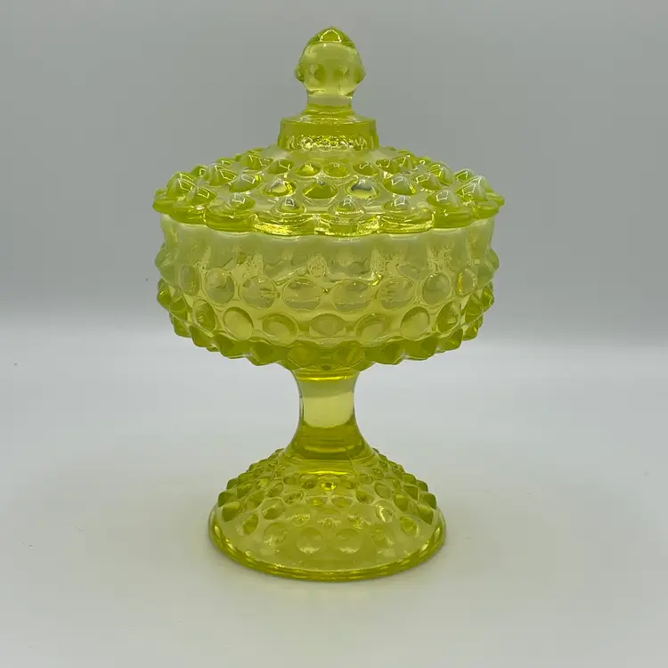 Fenton Topaz Opalescent Vaseline Glass Footed Hobnail Covered Candy Dish UV Glows