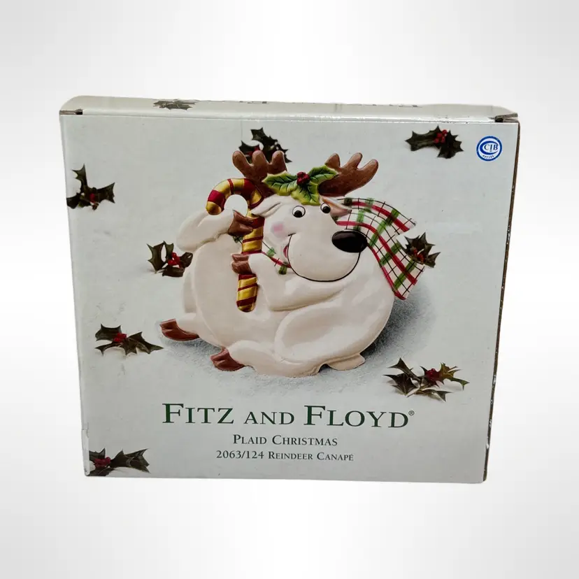 NIB Fitz And Floyd Plaid Christmas Reindeer Canapé Plate