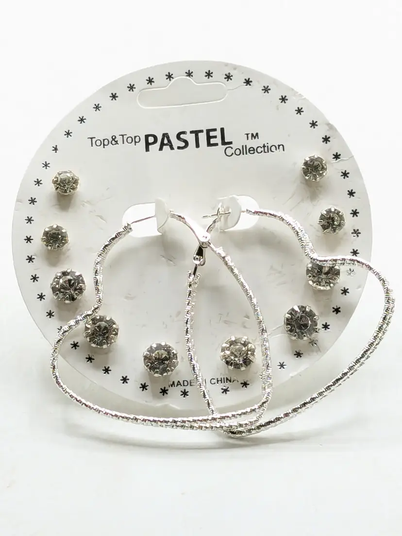 Top & Top Pastel Silver Tone Double Heart Hoop Earrings & Stud Set