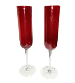 Set of Two Vintage Ruby Glass Champagne Flutes with Clear Stems