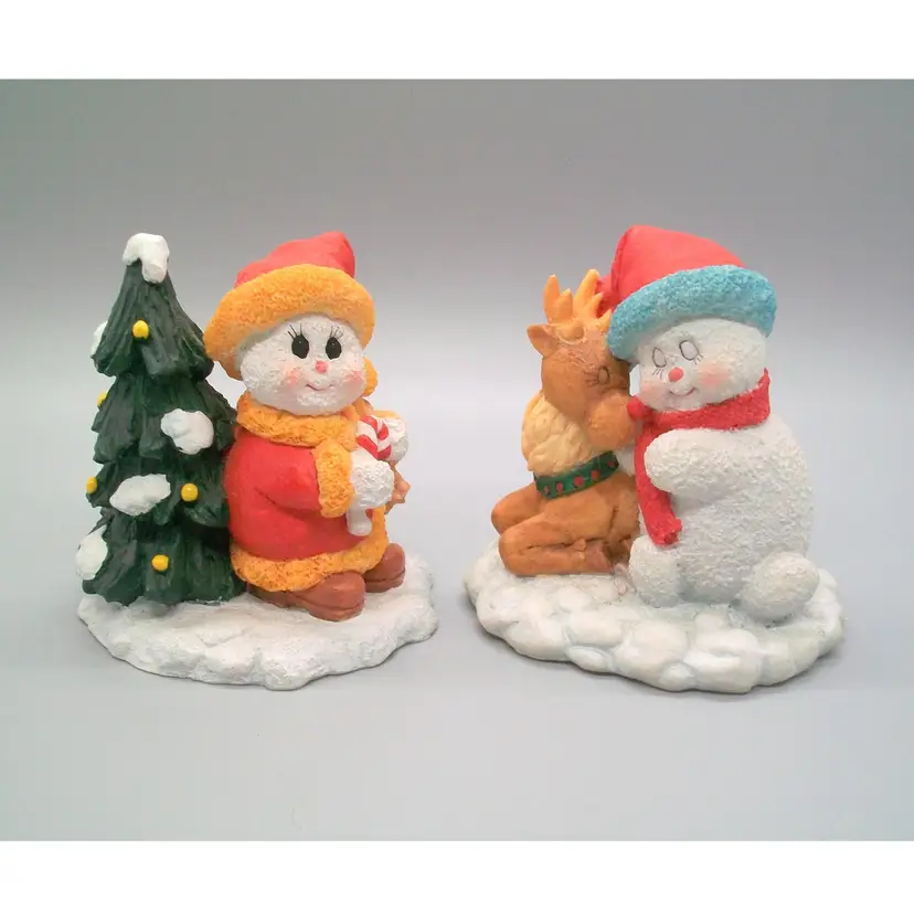 Pair Vintage Santa Snowman and Reindeer Snowman Santa Hat and Christmas Tree Figurines