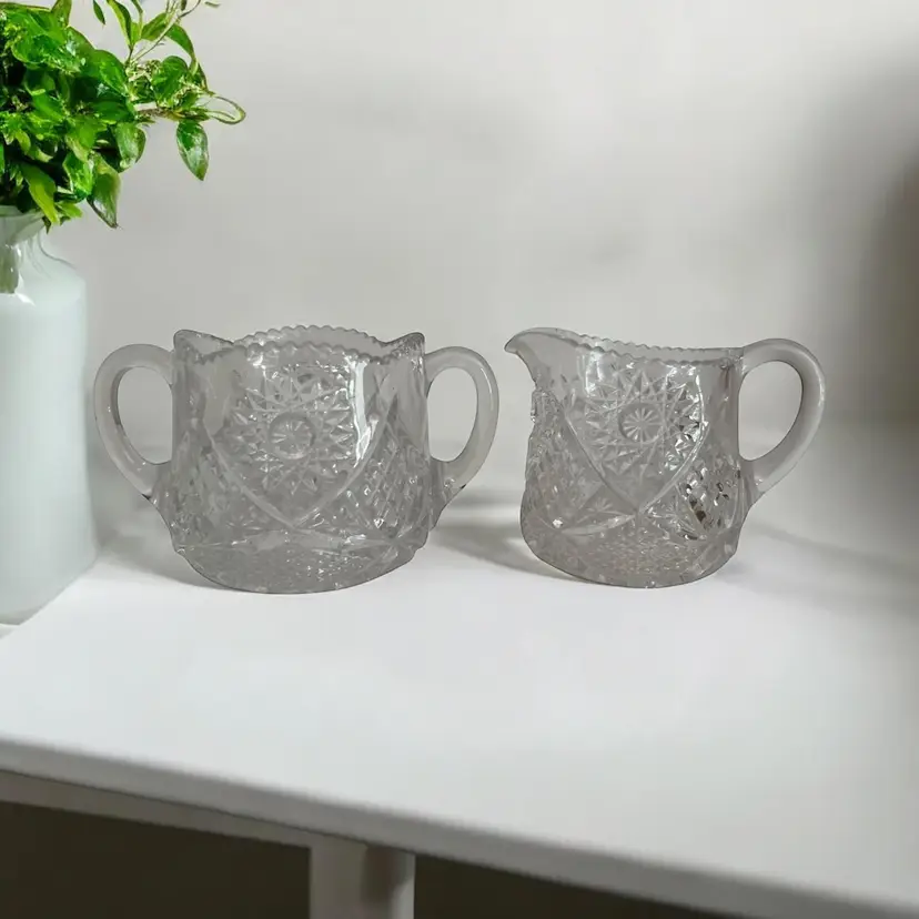 Antique Heisey Sunburst Etched Glass Creamer and Sugar Set. EAPG 1903 - 1920.
