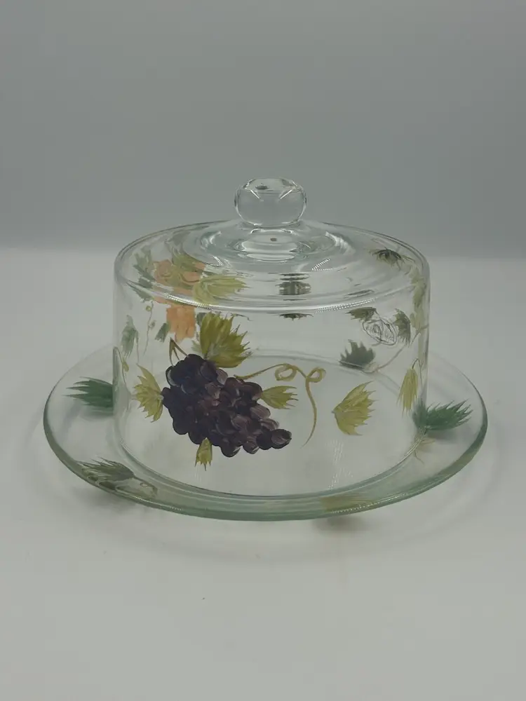 Vintage Hand, Painted Glass, Covered Cheese, Dish, Grapevine Design, Home Essentials