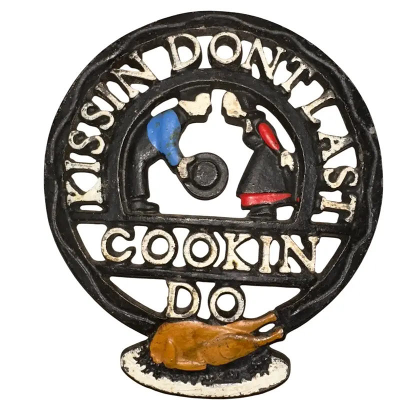 Vintage Cast Metal Trivet "Kissin Don't Last, Cookin Do" Amish Couple Funny Humor