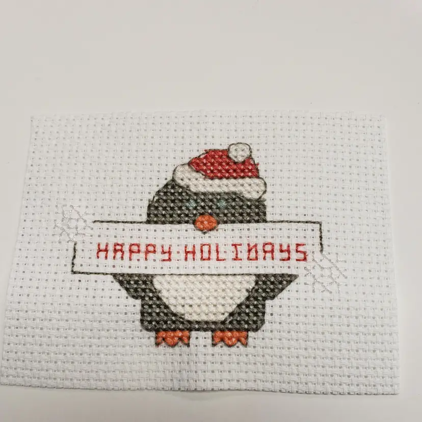 New Handmade Cross-stitched Happy Holidays With Penguin Piece